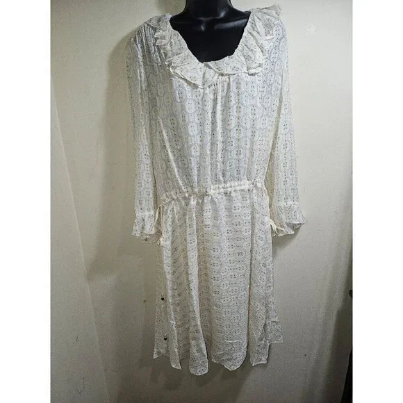 NWT Tory Burch Jasmine Ivory Gold Dress Tie Waist 12 Large - Picture 2 of 5